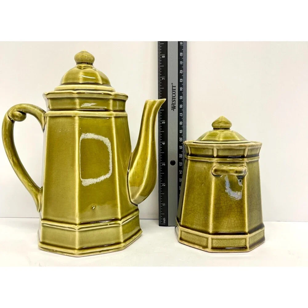 Vintage Stone Craft Royal Sealy Japan Green Tea Set 4 Pc Hexagonal-Olive Green